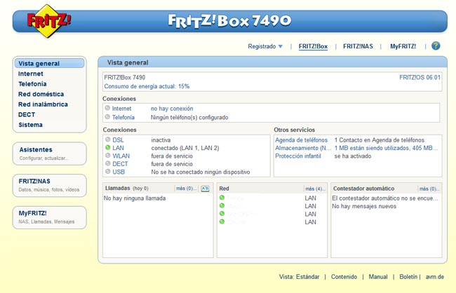 Fritz!Box 7490 Pantalla de inicio